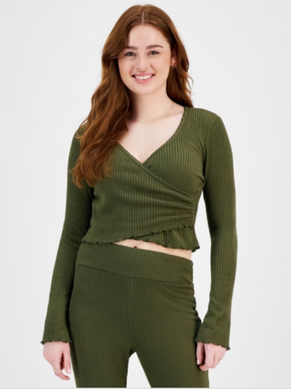 Planet Heart Juniors' Surplice-Neck Ribbed Long Sleeve Top - Camo Green SIZE XL